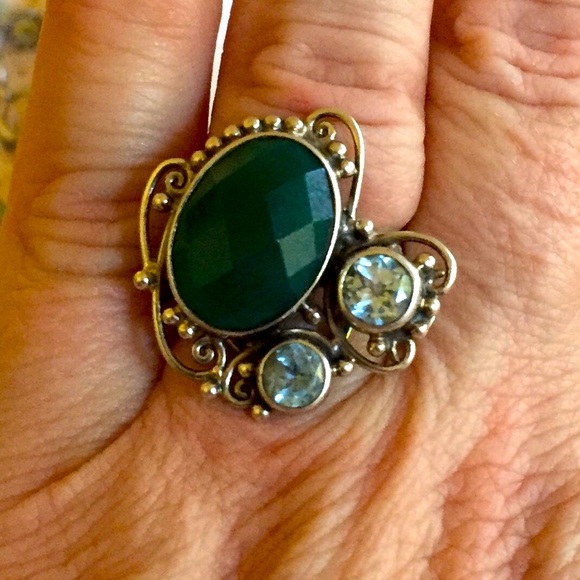 Stamped 925 aventurine, topaz & diamond quartz stmt ring - Picture 5 of 7